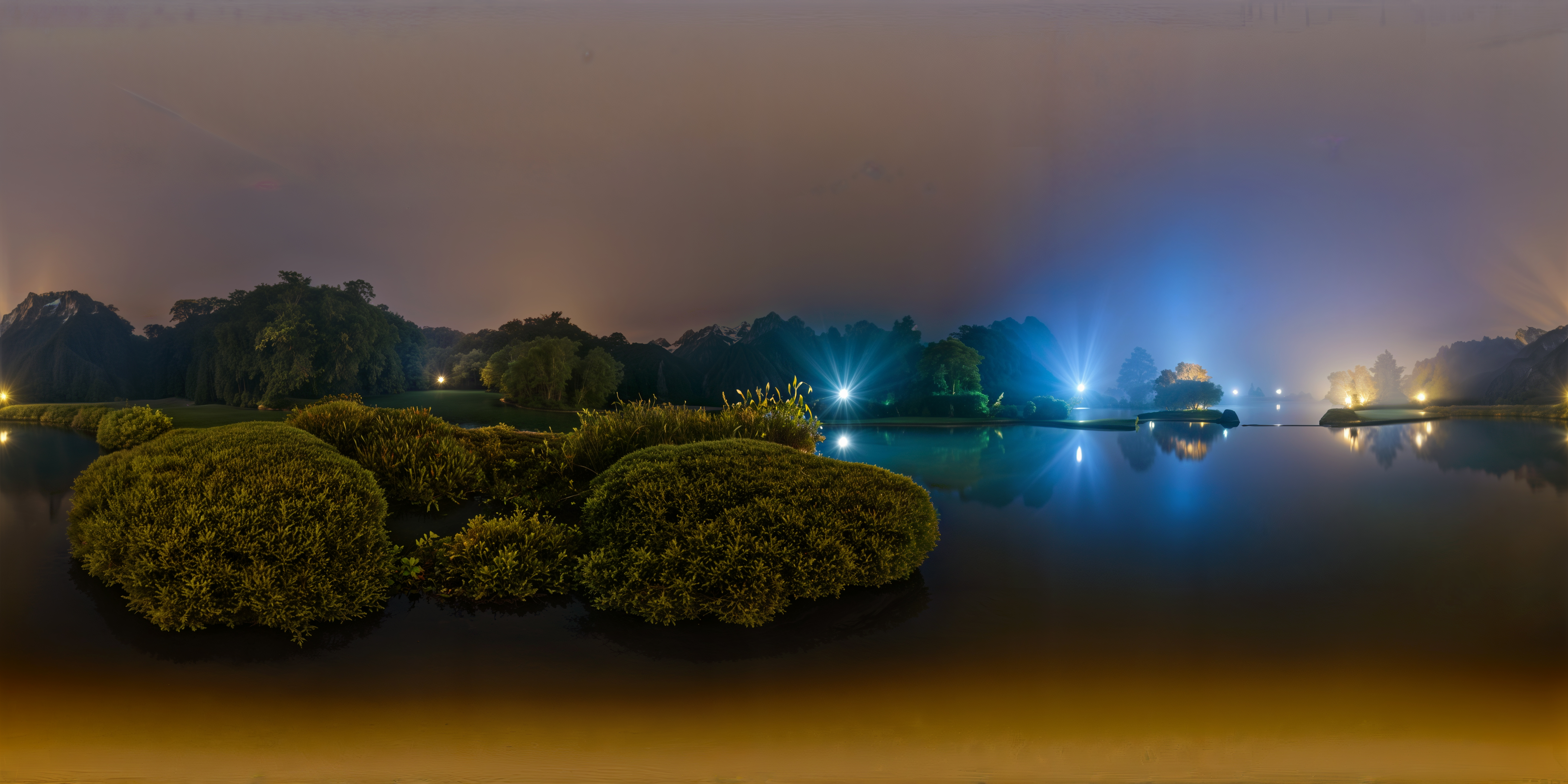 Rainy Night Botanical Garden with Distant Greenhouses